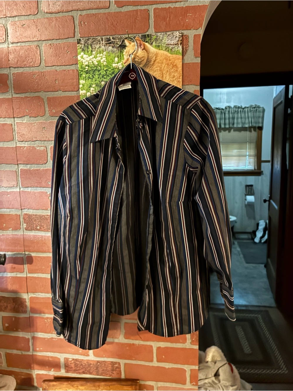 George Women's Black Striped Button-Down Shirt with Blue and White Stripes